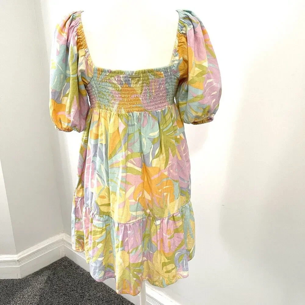Billabong Be Mine Mini Dress Womens Medium Cotton Viscose Pastel Puff Sleeve - Picture 5 of 14